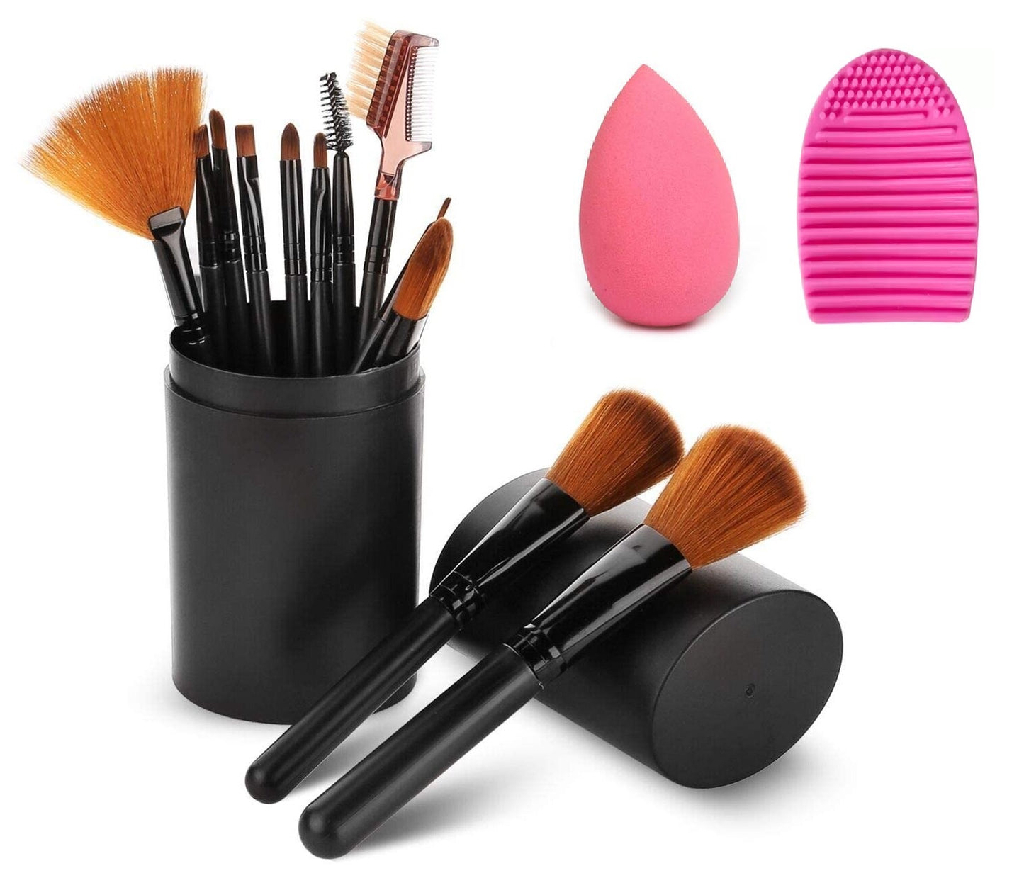 SHRIRAYS Pack of 12 Pcs Makeup Brushes (Black) with Storage Box & 1 Pc Puff Sponge, 1 Pc Brush Cleaner